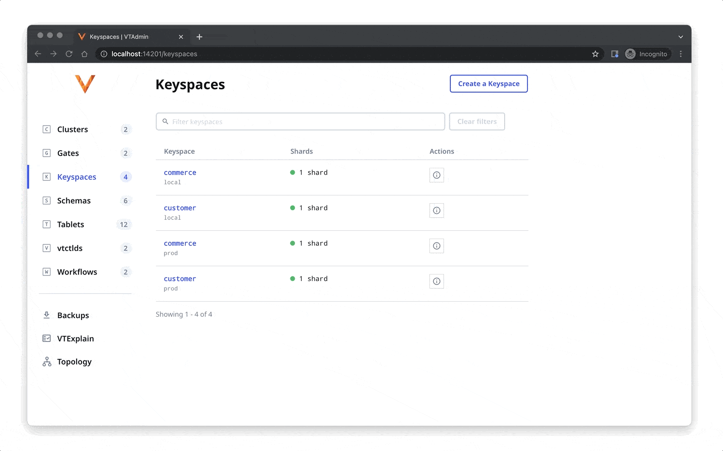 GIF of keyspace features in VTAdmin Web